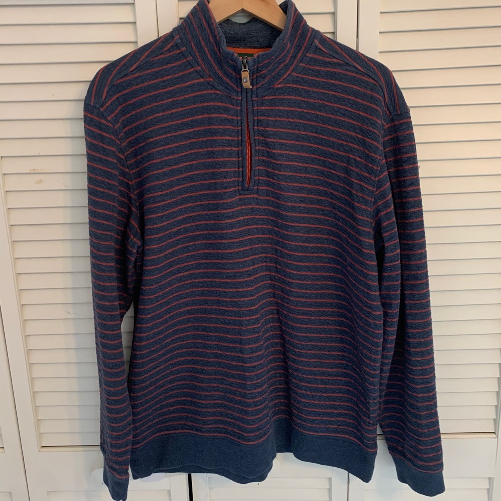 Orvis Quarter Zip 1/4 Zip Pullover Sweater Blue Orange Striped Mens L Outdoor